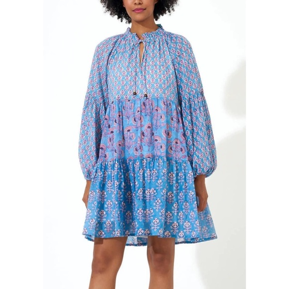Oliphant Balloon Sleeve Flirty Short Mini Dress Blue Block Print Tuckernuck Exc - Picture 1 of 9